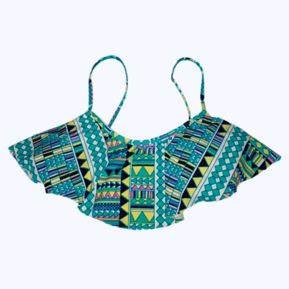 Urban Sea Ruffle Neon Aztec Swimsuit Top - Bathing Suit Top - Size Small